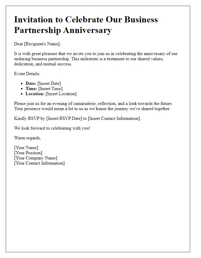 Letter template of invitation to honor our enduring business partnership anniversary.