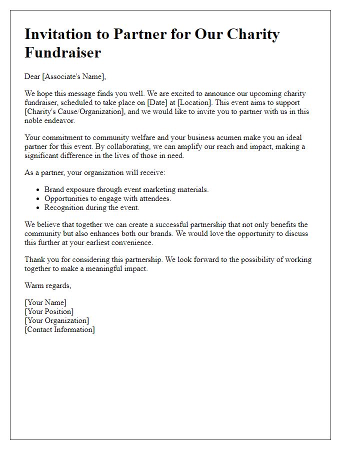 Letter template of event partnership invitation to business associate for charity fundraiser