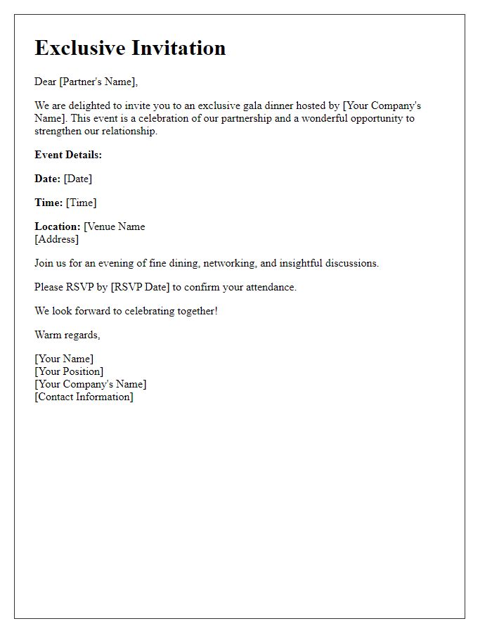 Letter template of exclusive invitation to business partner for gala dinner