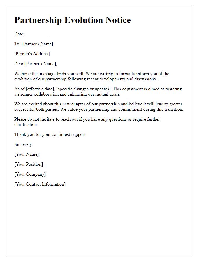 Letter template of partnership evolution notice