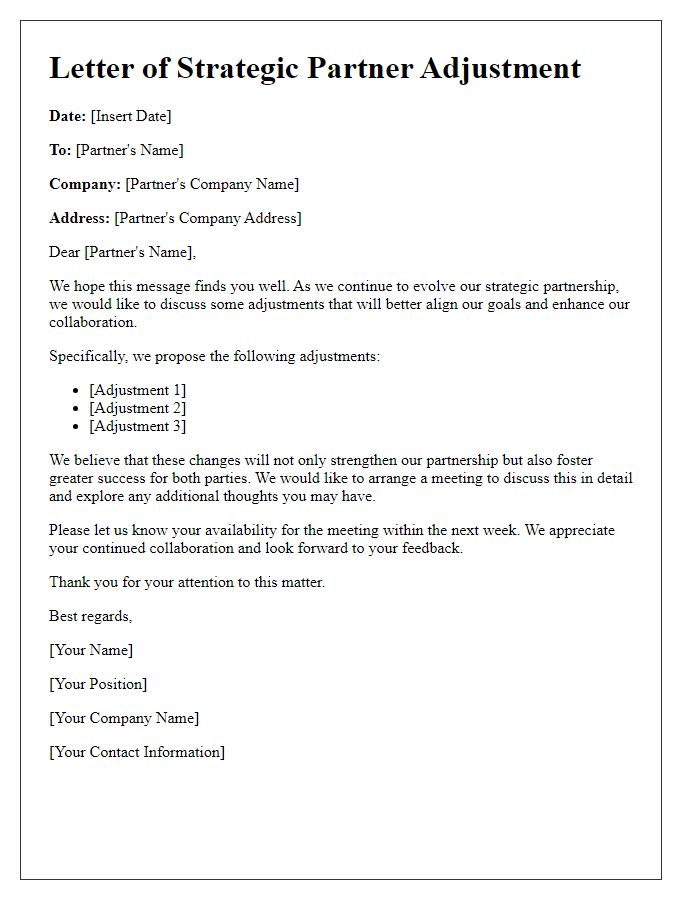 Letter template of strategic partner adjustment