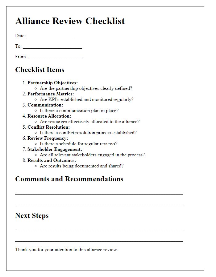 Letter template of alliance review checklist