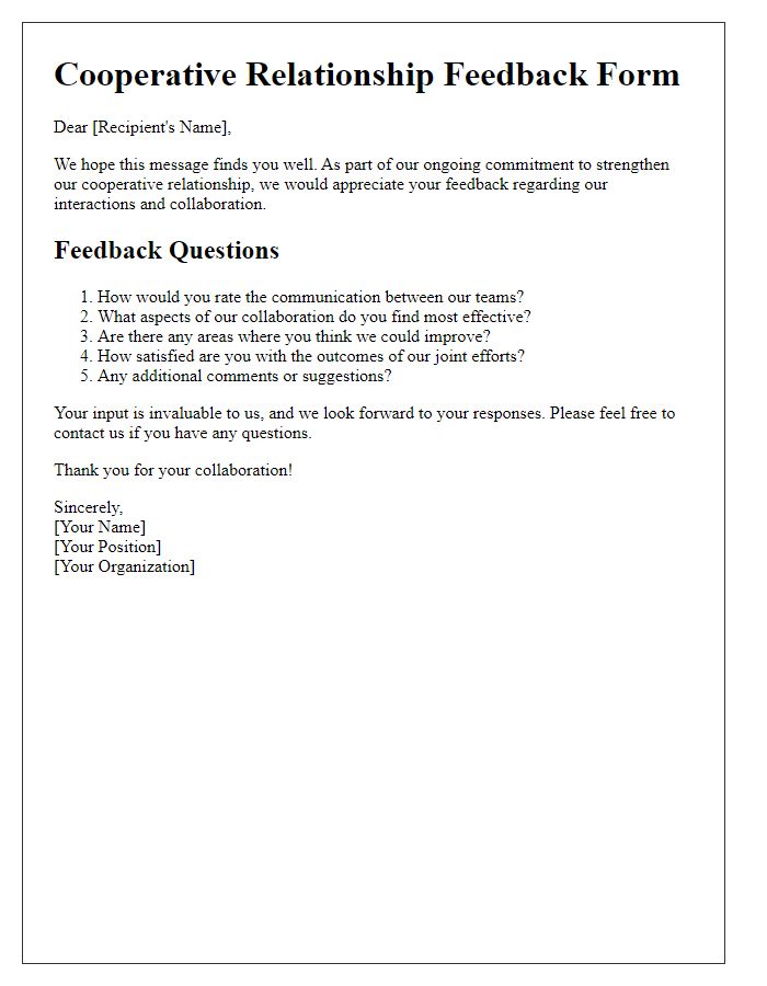 Letter template of cooperative relationship feedback form