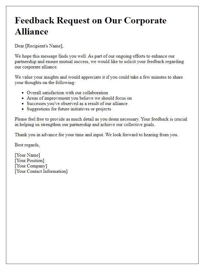 Letter template of corporate alliance feedback solicitation