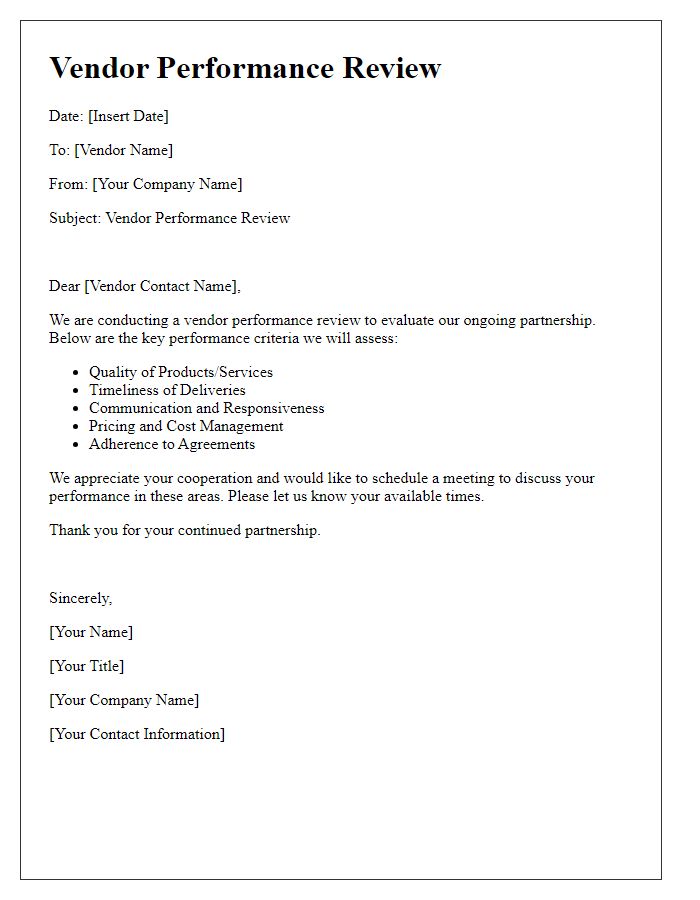 Letter template of vendor performance review