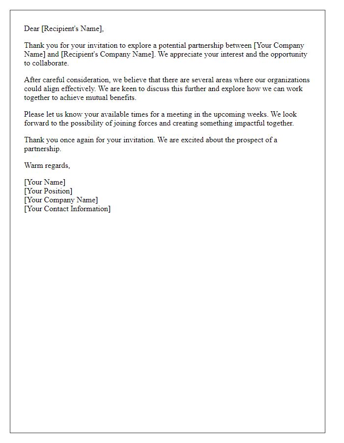 Letter template of courteous response to partnership invitation