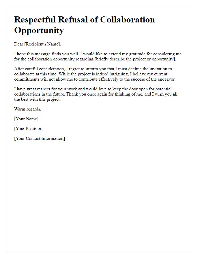 Letter template of respectful refusal of collaboration opportunity