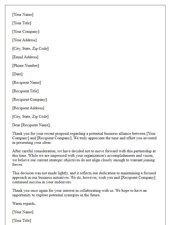 Letter template of thoughtful denial of business alliance suggestion