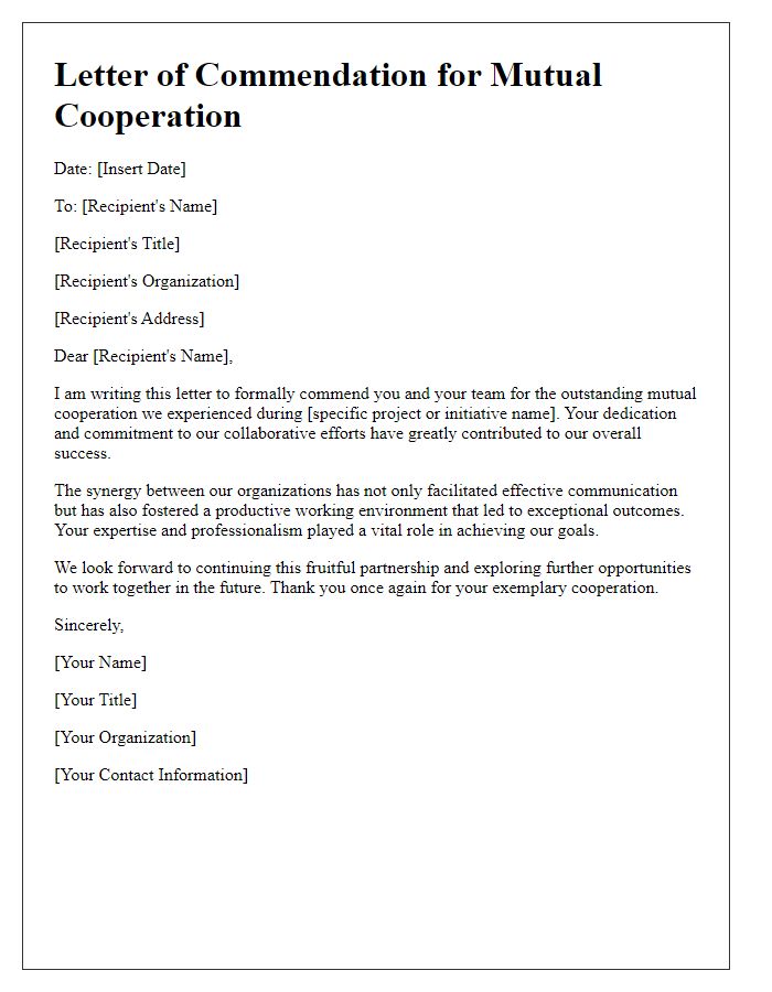 Letter template of commendation for mutual cooperation.