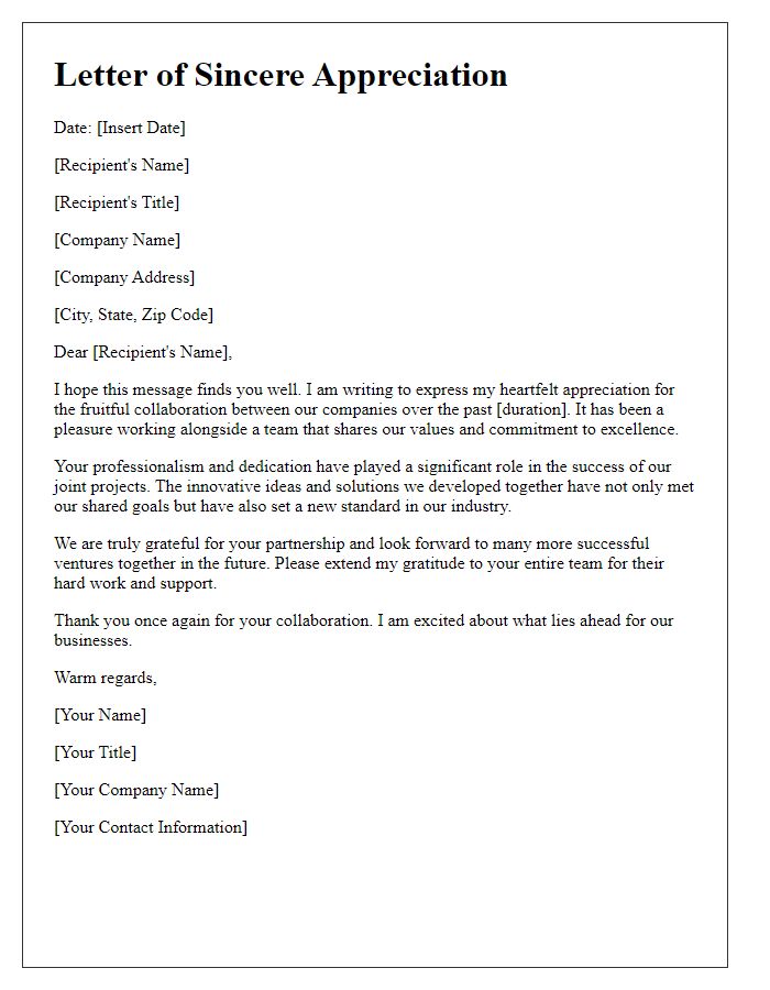 Letter template of sincere appreciation for business collaboration.