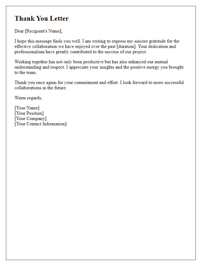 Letter template of thanks for effective collaboration.