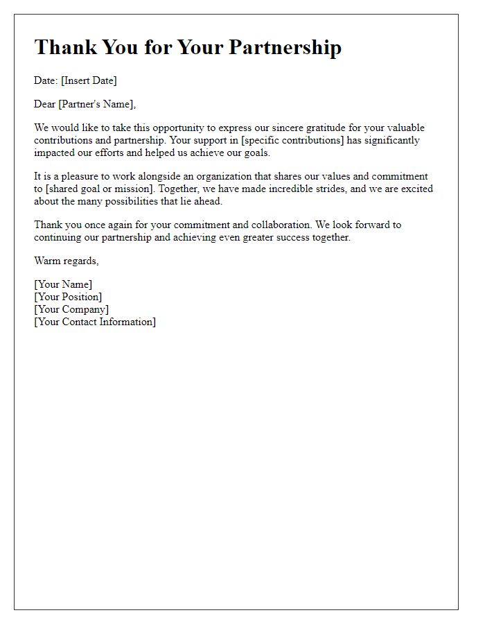 Letter template of thanks for partnership contributions.