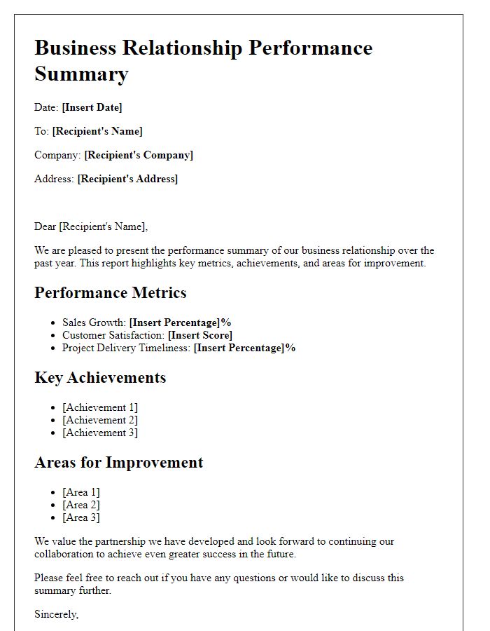 Letter template of business relationship performance summary