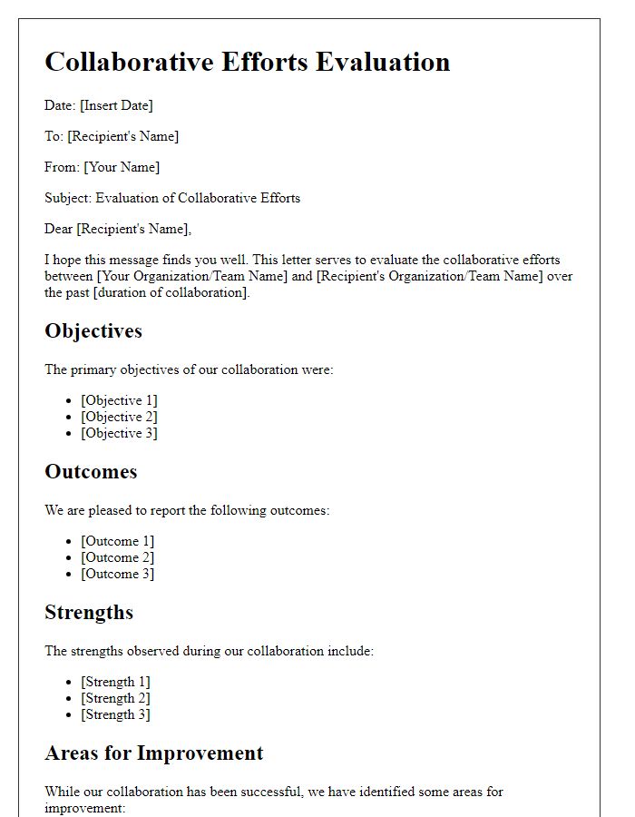 Letter template of collaborative efforts evaluation