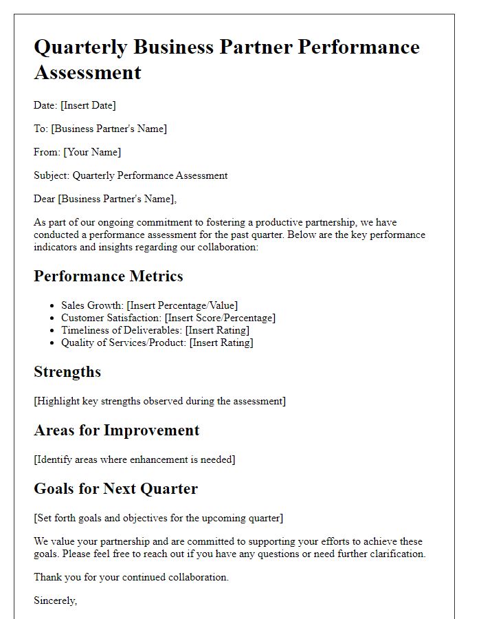 Letter template of quarterly business partner performance assessment