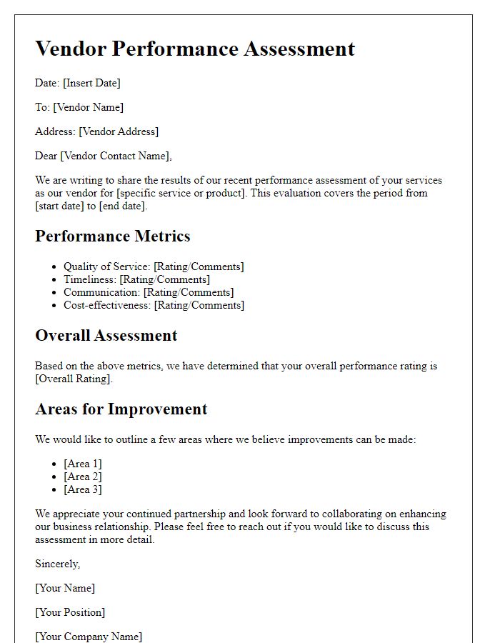 Letter template of vendor performance assessment