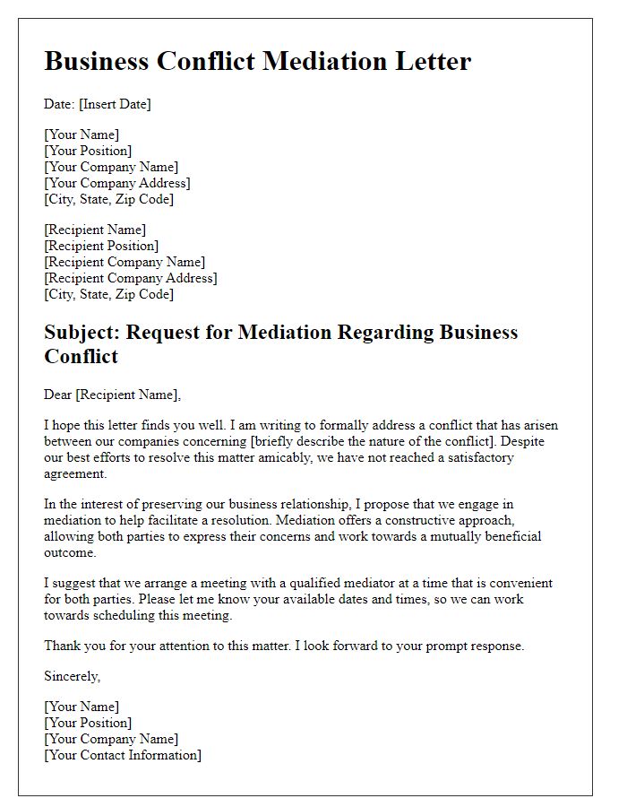 Letter template of business conflict mediation.