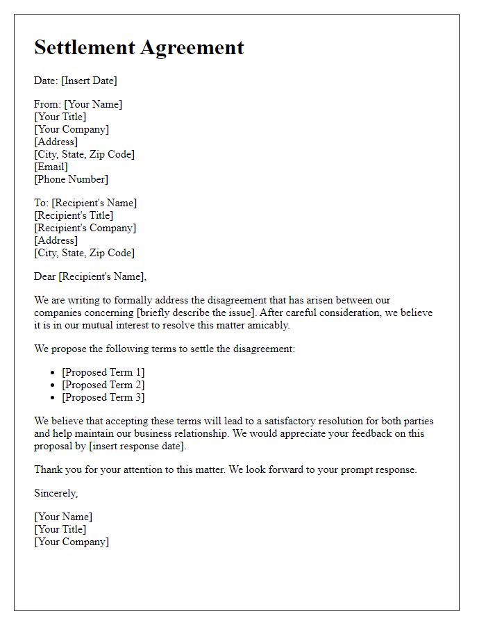 Letter template of business disagreement settlement.