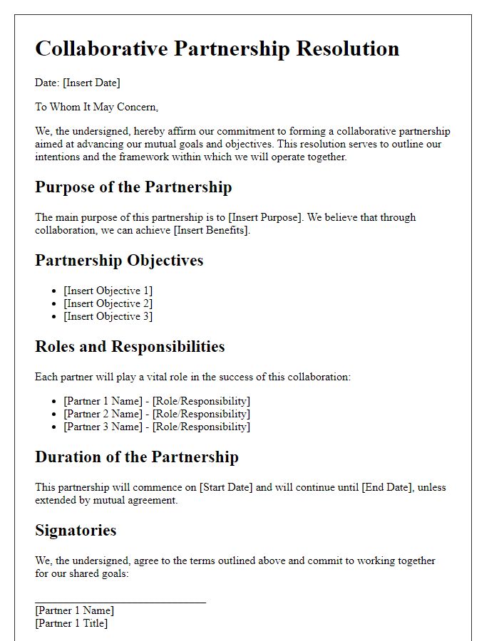 Letter template of collaborative partnership resolution.