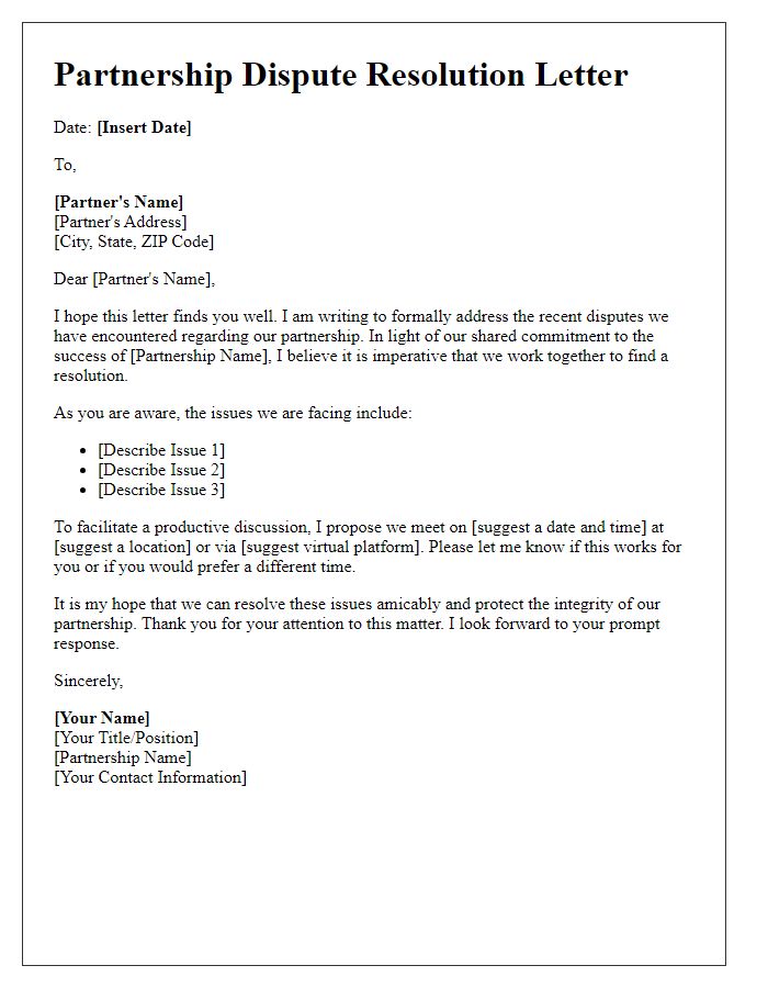 Letter template of partnership dispute resolution.