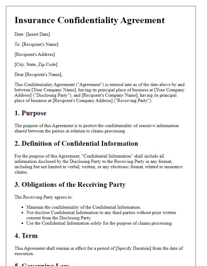 Letter template of Insurance Confidentiality Agreement for Claims Processing Confidentiality