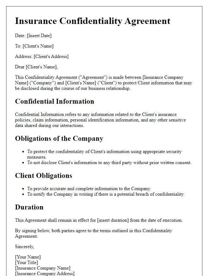 Letter template of Insurance Confidentiality Agreement for Client Information Protection