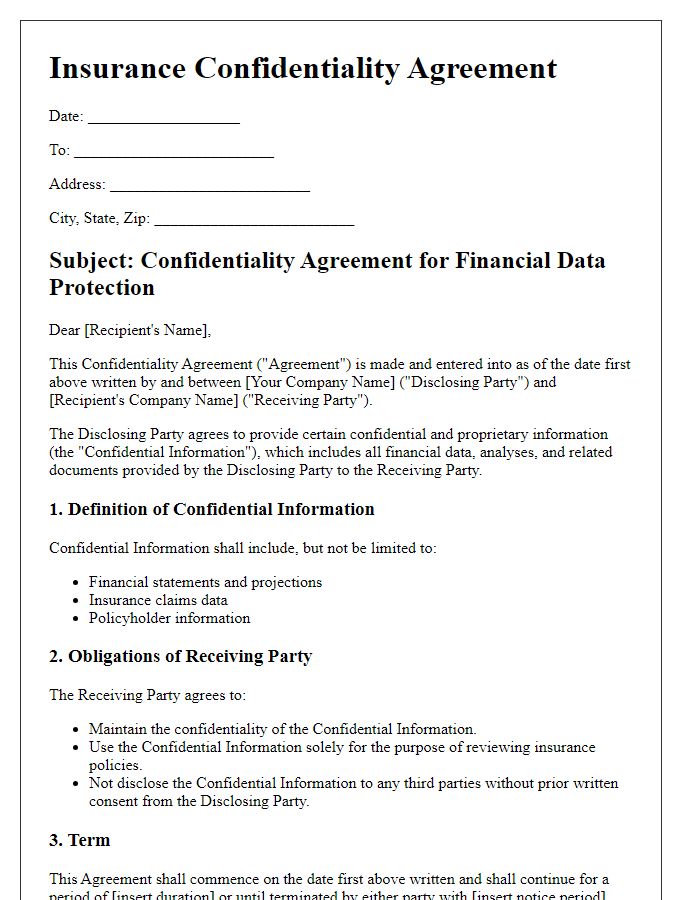 Letter template of Insurance Confidentiality Agreement for Financial Data Protection