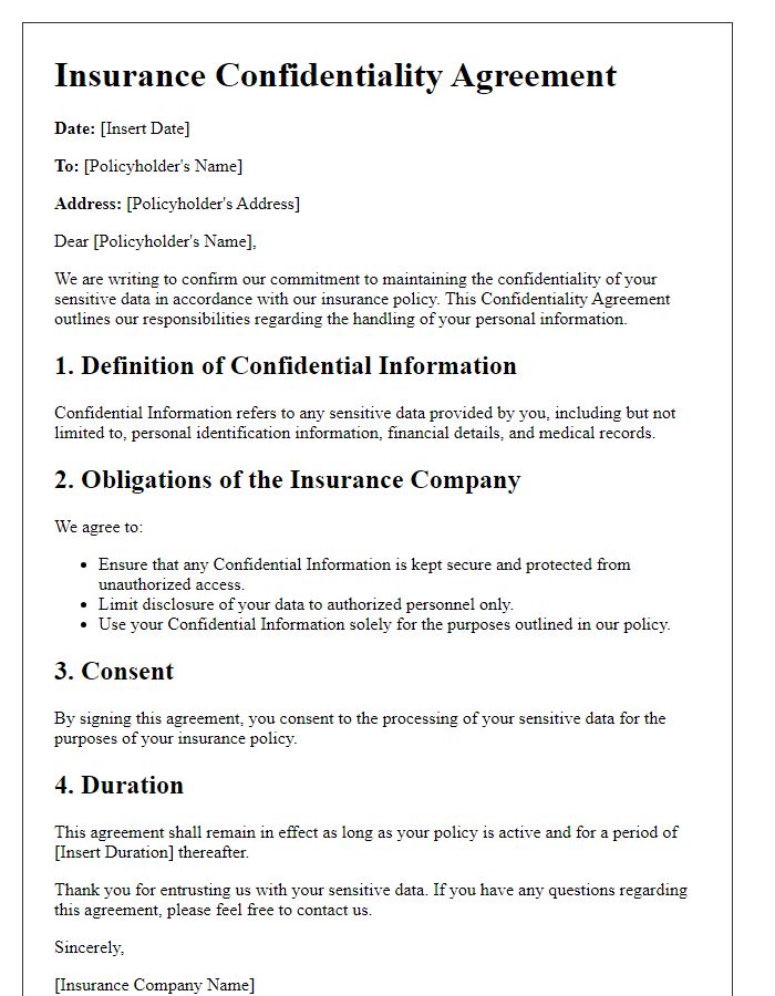 Letter template of Insurance Confidentiality Agreement for Policyholder Sensitive Data