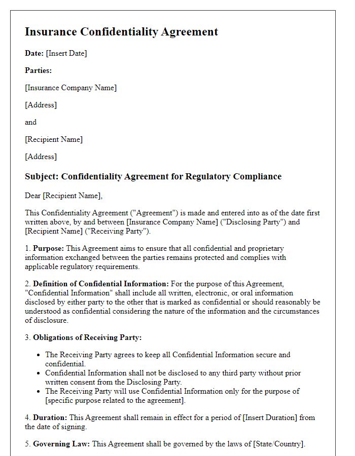 Letter template of Insurance Confidentiality Agreement for Regulatory Compliance