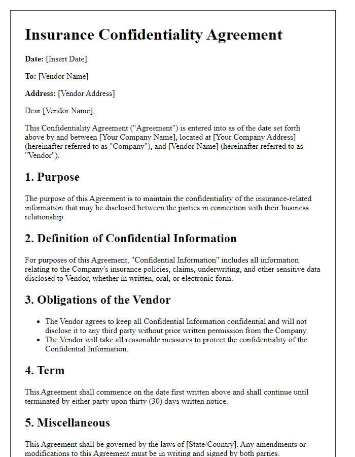 Letter template of Insurance Confidentiality Agreement for Third-Party Vendor Relationships