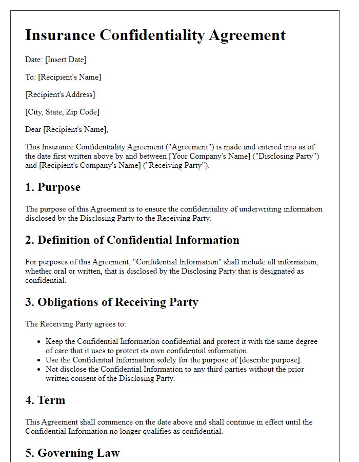 Letter template of Insurance Confidentiality Agreement for Underwriting Information Security