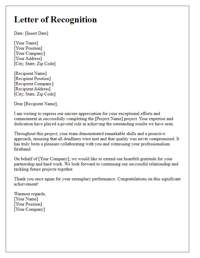 Letter template of recognition for a business partner's successful project completion.