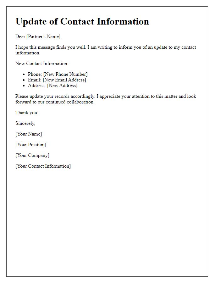 Letter template of alerting partner to new contact information