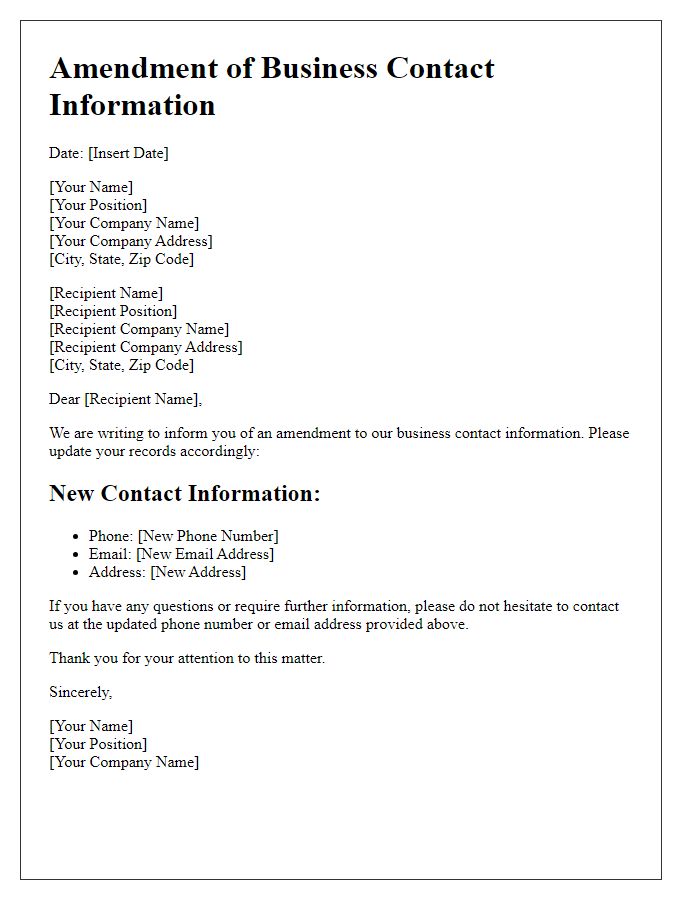 Letter template of business contact information amendment