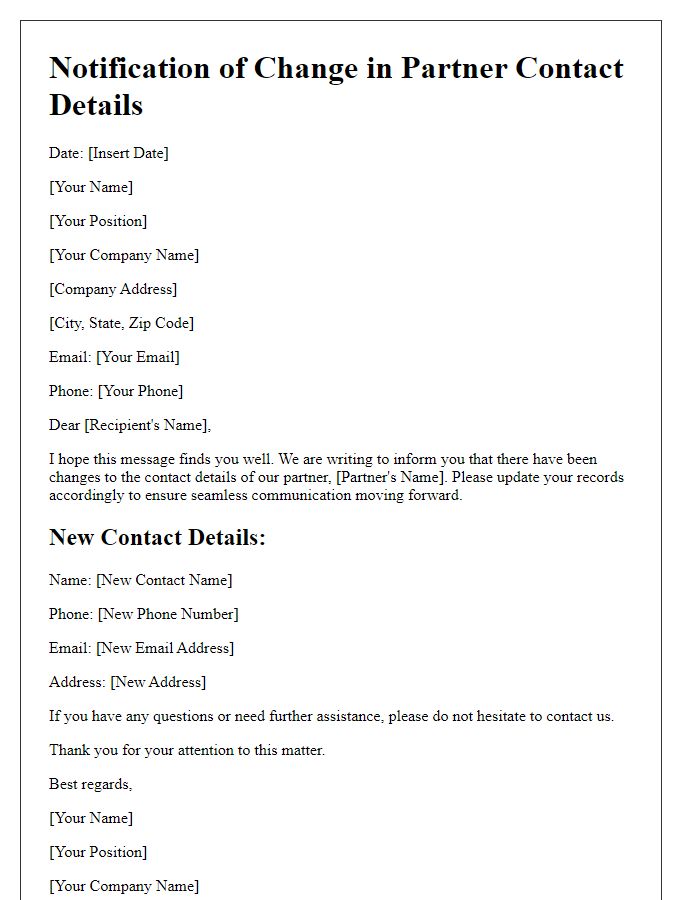 Letter template of informing changes in partner contact details