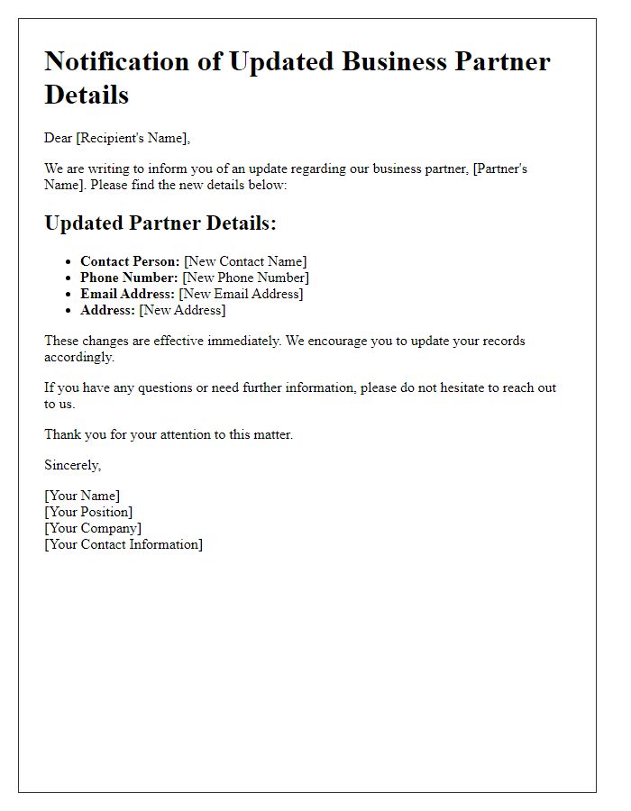 Letter template of notifying about updated business partner details