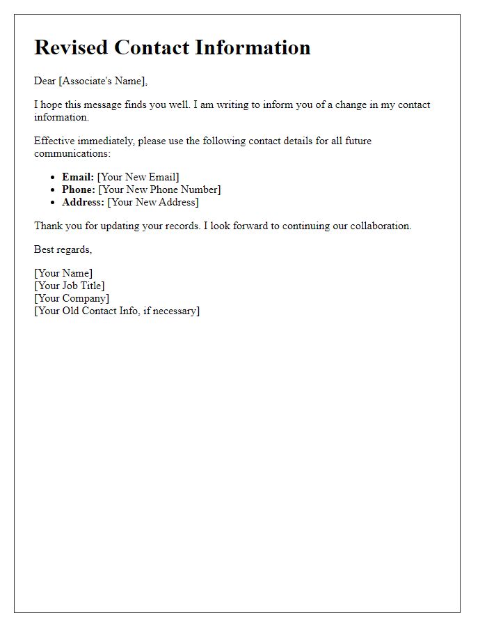 Letter template of revised contact info for business associates