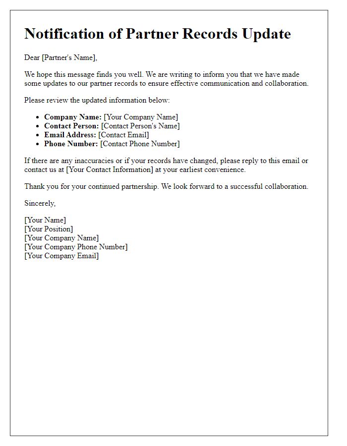 Letter template of updating partner records for communication purposes