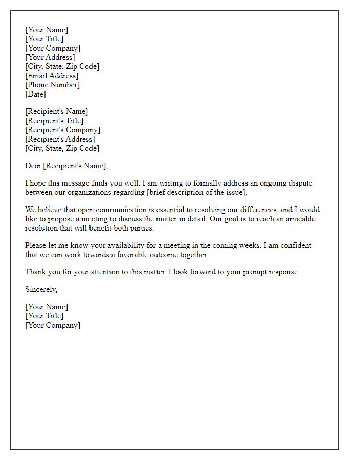 Letter template of Business Associate Dispute Advisory