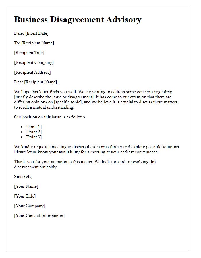 Letter template of Business Disagreement Advisory