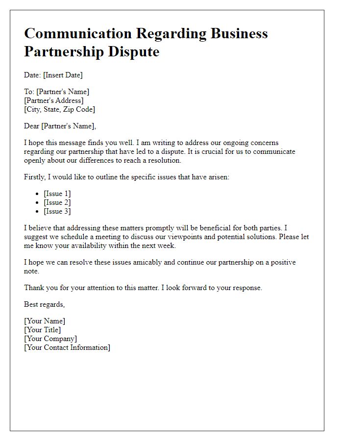 Letter template of Communication Regarding Business Partnership Dispute