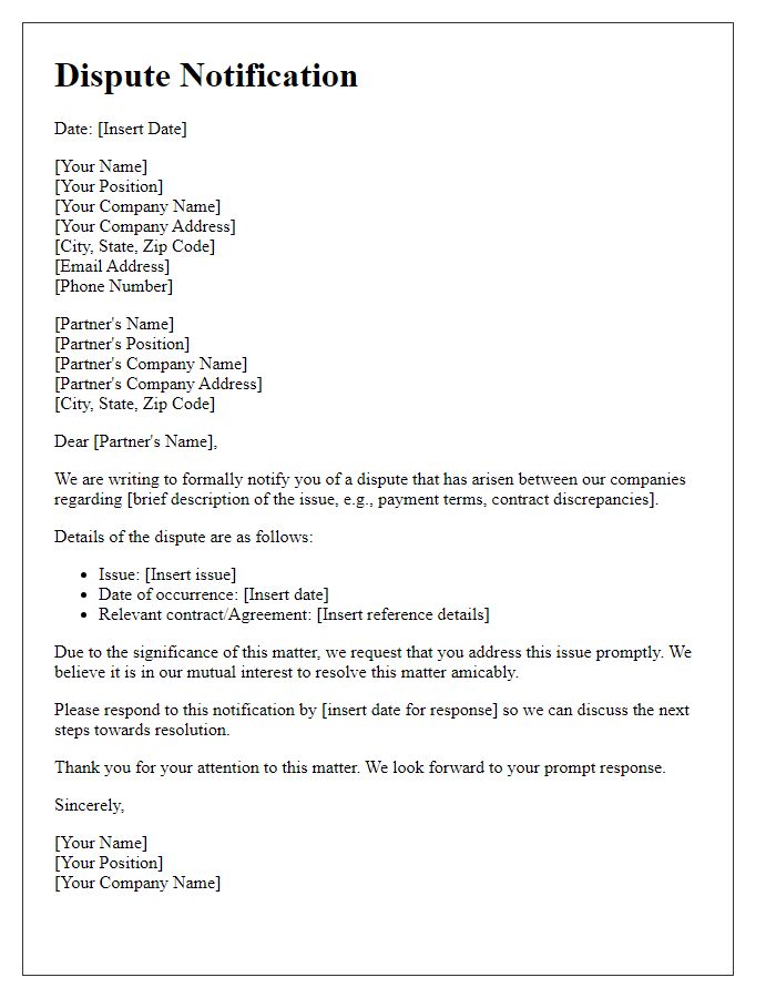Letter template of Dispute Notification to Business Partner