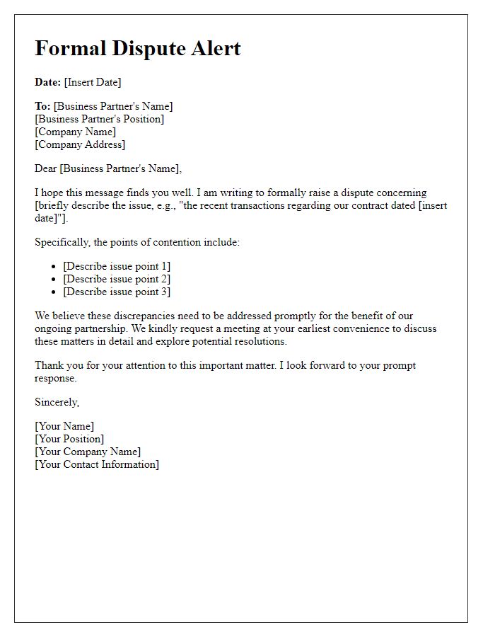 Letter template of Formal Dispute Alert to Business Partner