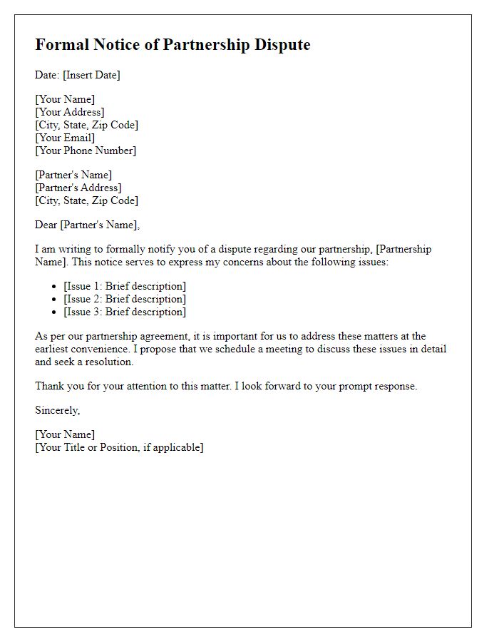 Letter template of Formal Notice of Partnership Dispute