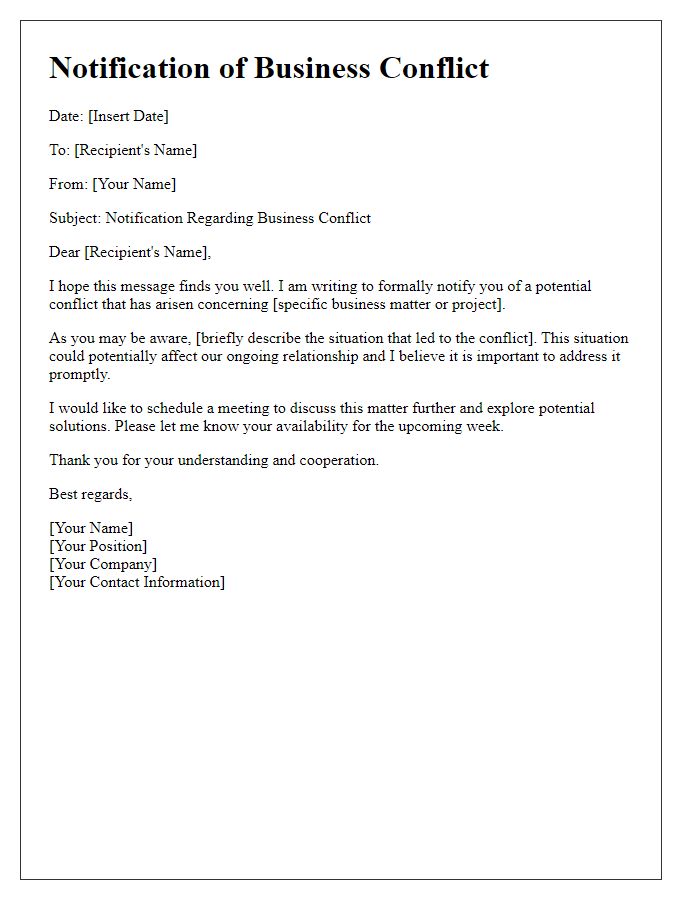 Letter template of Notification Regarding Business Conflict