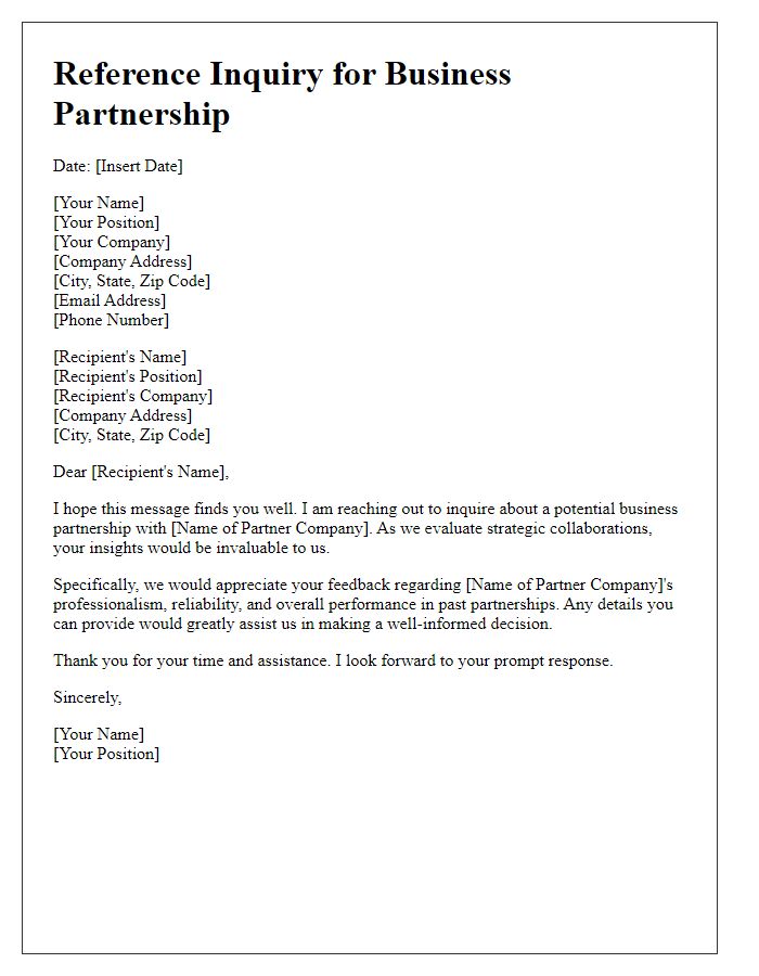 Letter template of business partnership reference inquiry