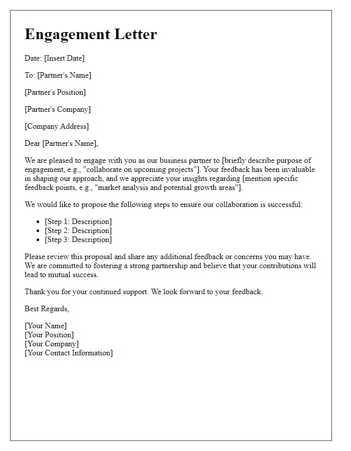 Letter template of engagement with business partner's feedback.