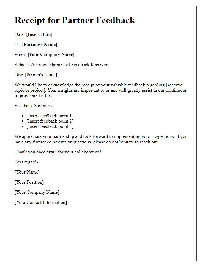 Letter template of receipt for partner feedback.