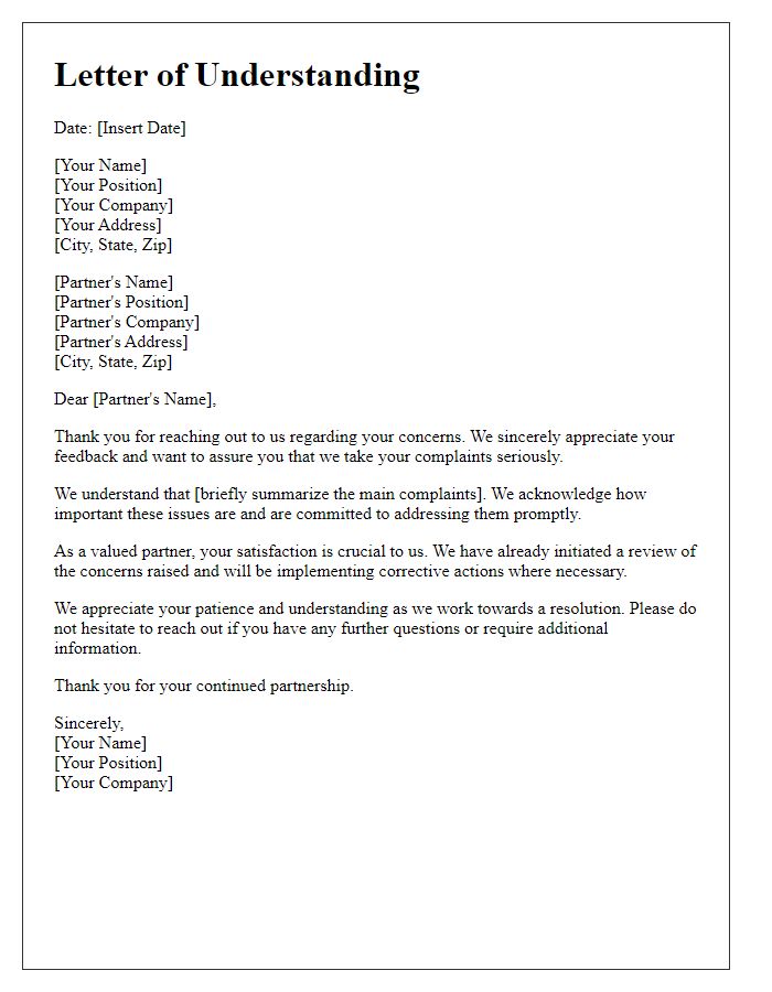 Letter template of understanding business partner's complaints.