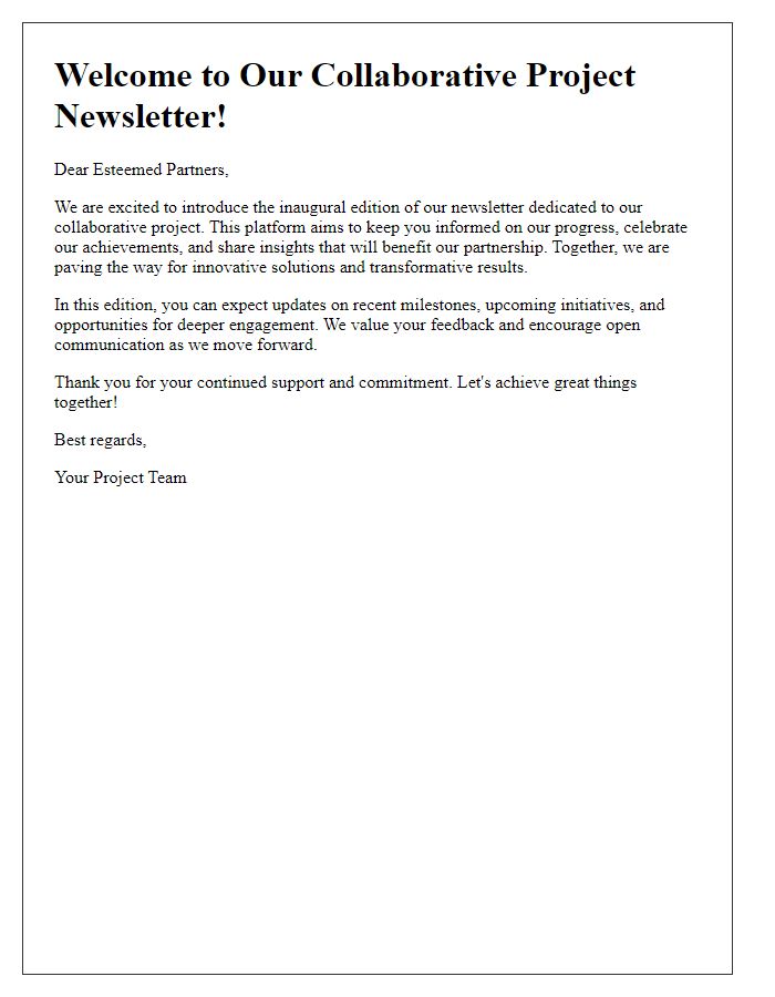 Letter template of a collaborative project newsletter introduction for business partners